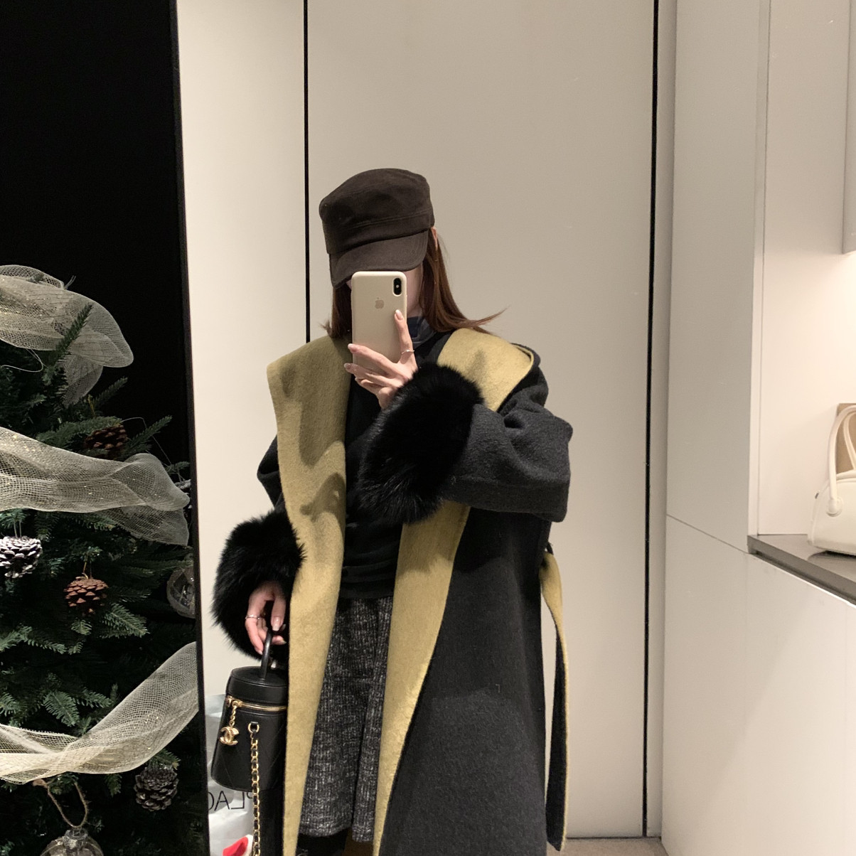 拿铁-长款羊毛外套(配腰绳,可拆卸狐狸毛袖套)（含100澳毛）12160