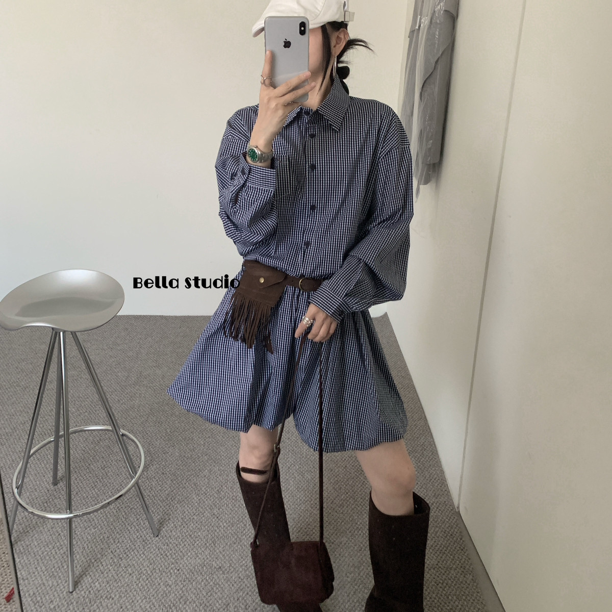 HEY BELLA-了️韩系休闲宽松格子收腰花苞裙连衣裙(配腰带)E8931