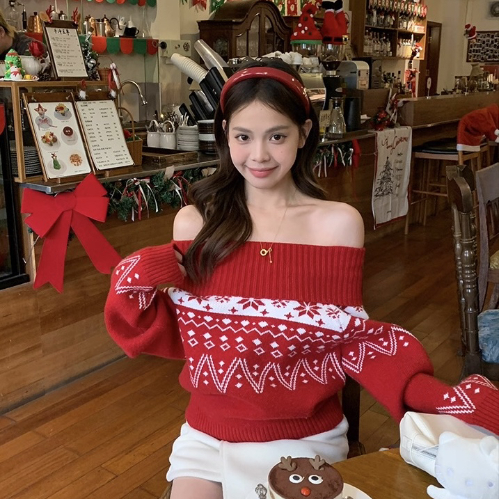 SAVAGE-氛围感一字领撞色提花费尔岛宽松长袖针织保暖毛衣A202530