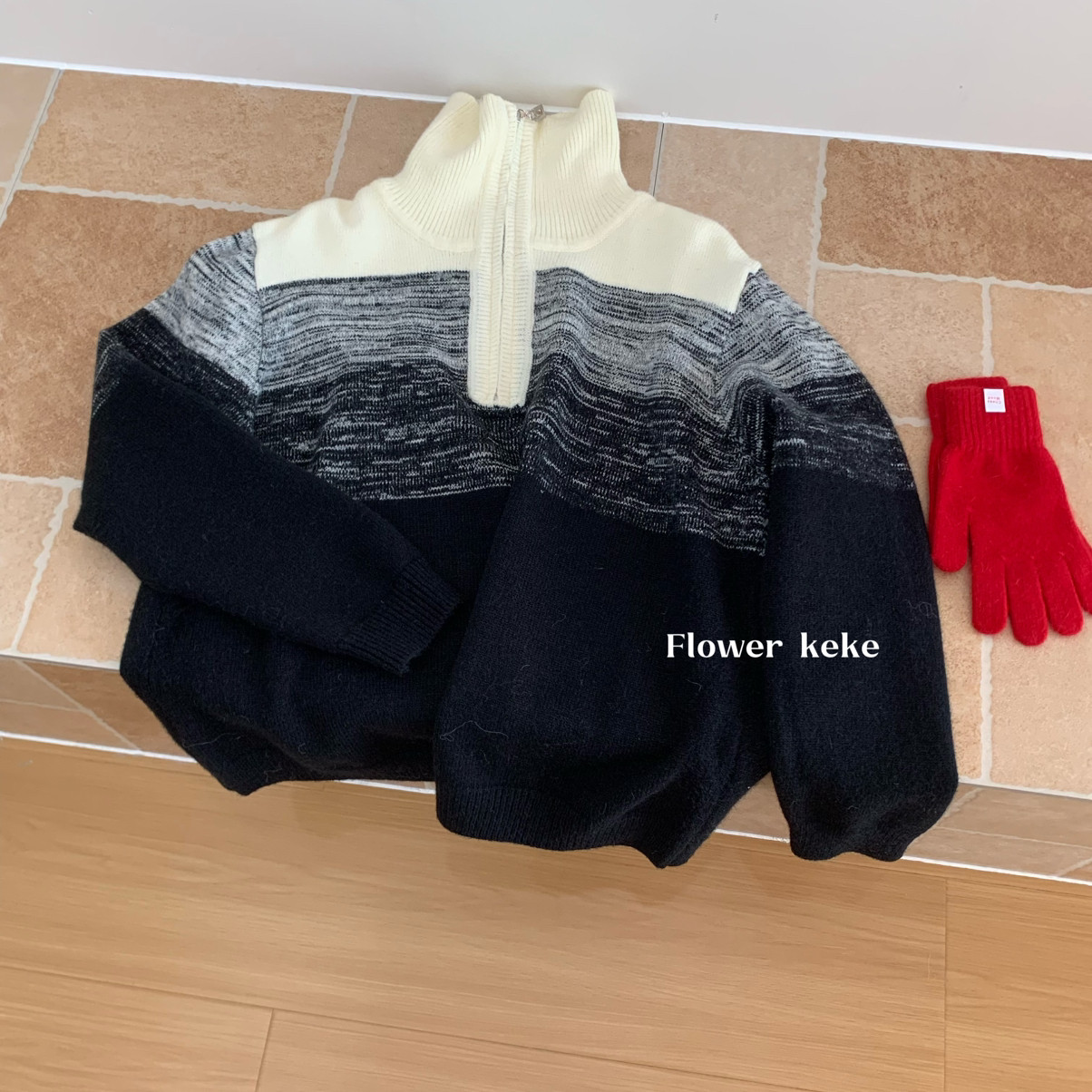 Flower keke-感冬毛半拉链翻领拼色羊毛毛衣(含41.6绵羊毛)Wdm040