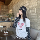 TMP T恤3670 子拼接假两件爱心印花长袖 甜莓派 26年早春条纹袖