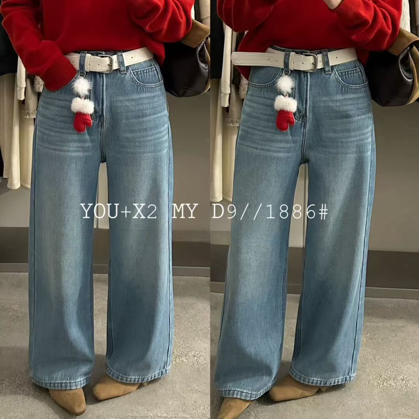 X2平方-冬上新冬季加绒高腰直筒牛仔裤(配腰带挂件)YS1-1886