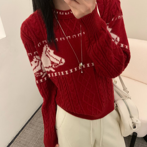 e77-领宽松毛衣复古慵懒风针织上衣保暖毛衣（含41.7绵羊毛）W687