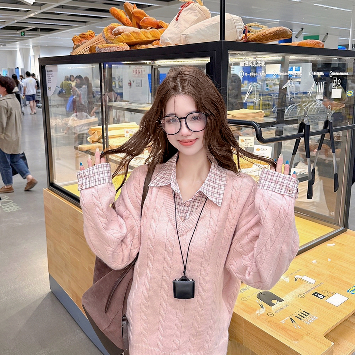 TimelyRain  及时雨-众设计感拼接格子衬衫领麻花保暖毛衣Qa-2319