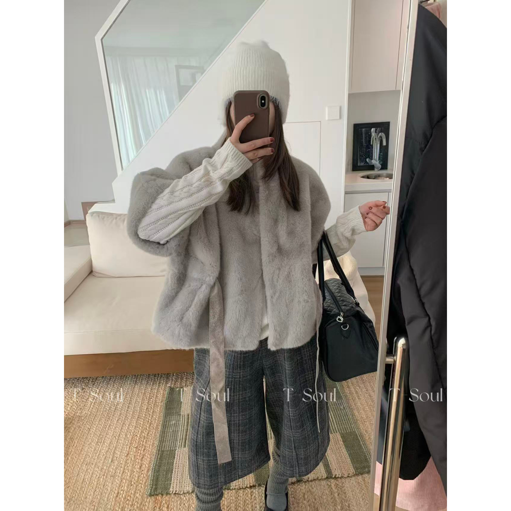 T-Soul-冬上新复古格纹宽松阔腿裤呢子休闲裤121515