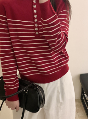 Houli·厚厘-慢无纽扣圆领条纹套头毛衣针织衫（含100绵羊毛）XY8