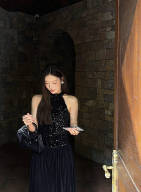 YOOMINI-绒收腰弹力轻奢高级感优雅礼裙2025秋冬连衣裙M60169-DSW