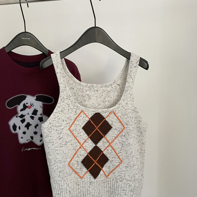 TRUSTME-26年早春韩系复古菱格拼色叠穿针织马甲（含20羊毛）7159