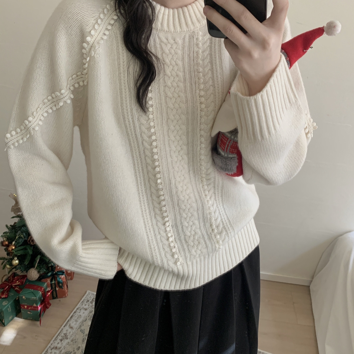 MUUTIS牧缇-新韩系简约花边纹理全羊毛保暖毛衣（含100羊毛）XT89