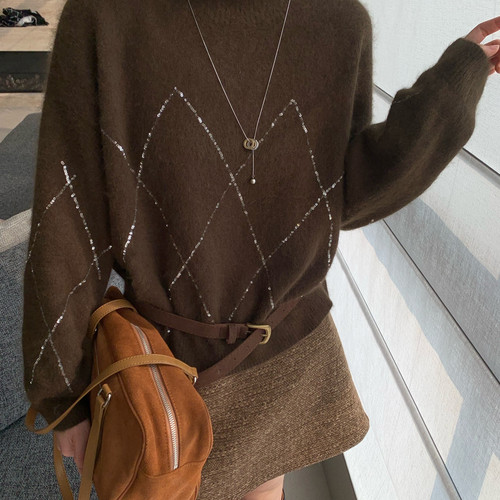 e77-衫韩版宽松显瘦菱格休闲长袖套头保暖毛衣（含55.6兔毛）77-4