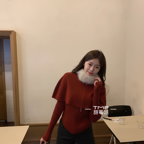 TMP 甜莓派-织衫+斗篷针织开衫两件套装(配可拆仿狐狸毛毛领)8393