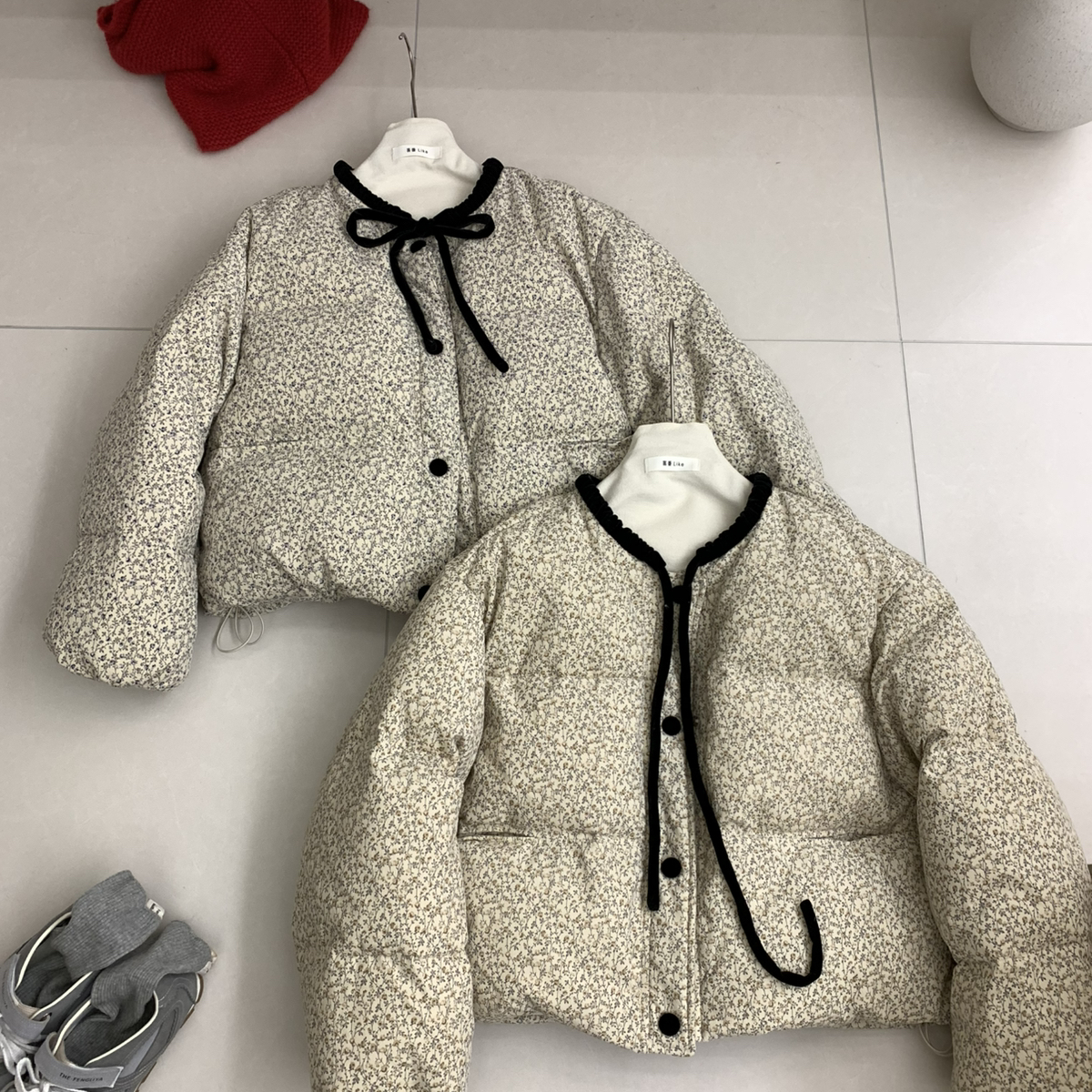 喜番-冬上新韩系百搭碎花圆领单排扣宽松保暖羽绒服外套8660