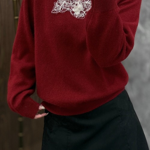 概念店-物反-小羊绒蕾丝手工珠V领长袖针织衫（含28.7绵羊毛）575