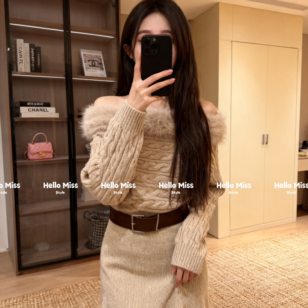 HELLO MISS-拼接一字肩麻花修身显瘦长袖连衣裙(配腰带)YS1-2505