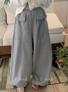 T-Soul-冬上新松紧腰碎花印花口袋加绒休闲裤120817