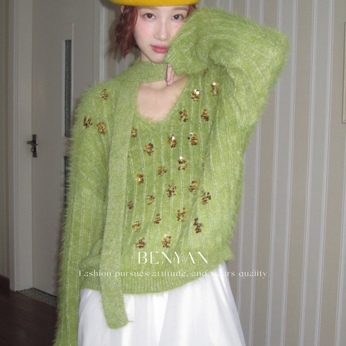 BENYAN-言冬款上新法式慵懒风渐变重工亮片保暖毛衣(配飘带)3632