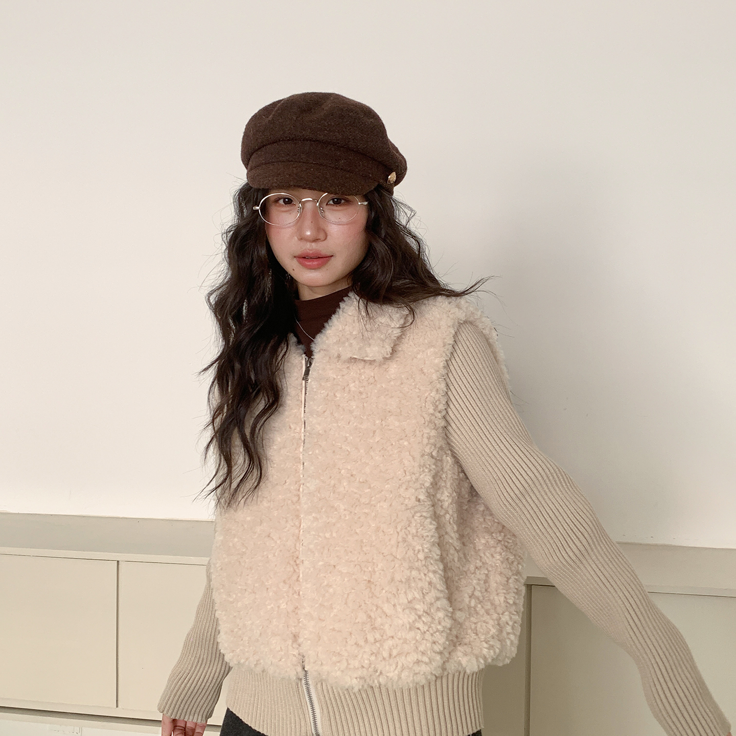 歌铭/APXIVI-古针织拼接毛毛翻领外套假两件保暖羽绒服外套N913C