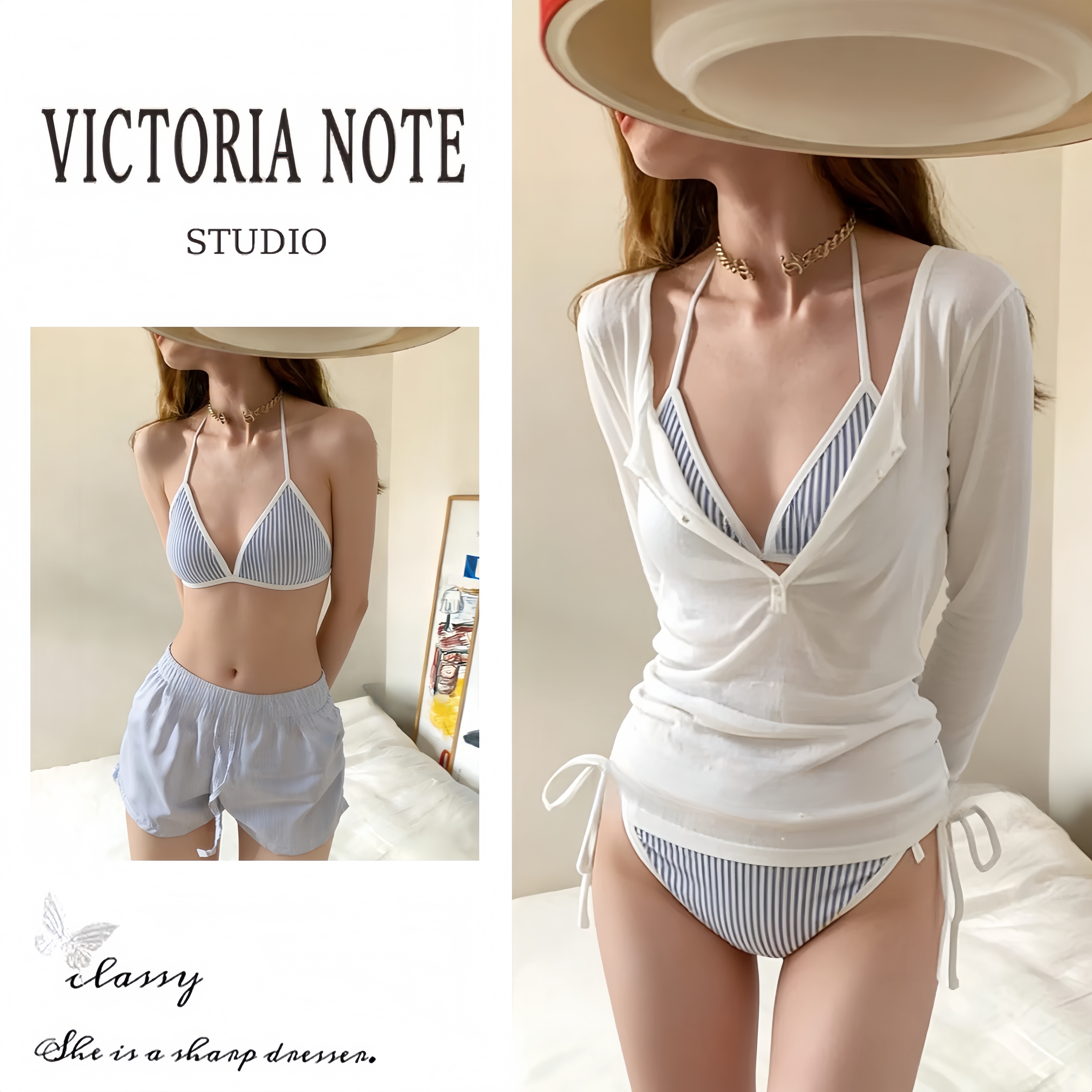 VICTORIANOTE蓝色条纹比基尼