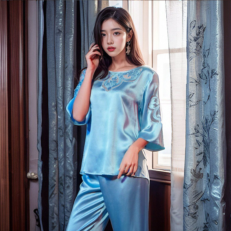 19姆米重磅真丝睡衣套装女士春夏桑蚕丝绸中裤中袖家居服两件套