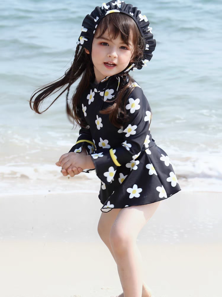 AMLLIVE儿童泳衣女童小童连体长袖可爱宝宝女孩小公主裙式游泳衣