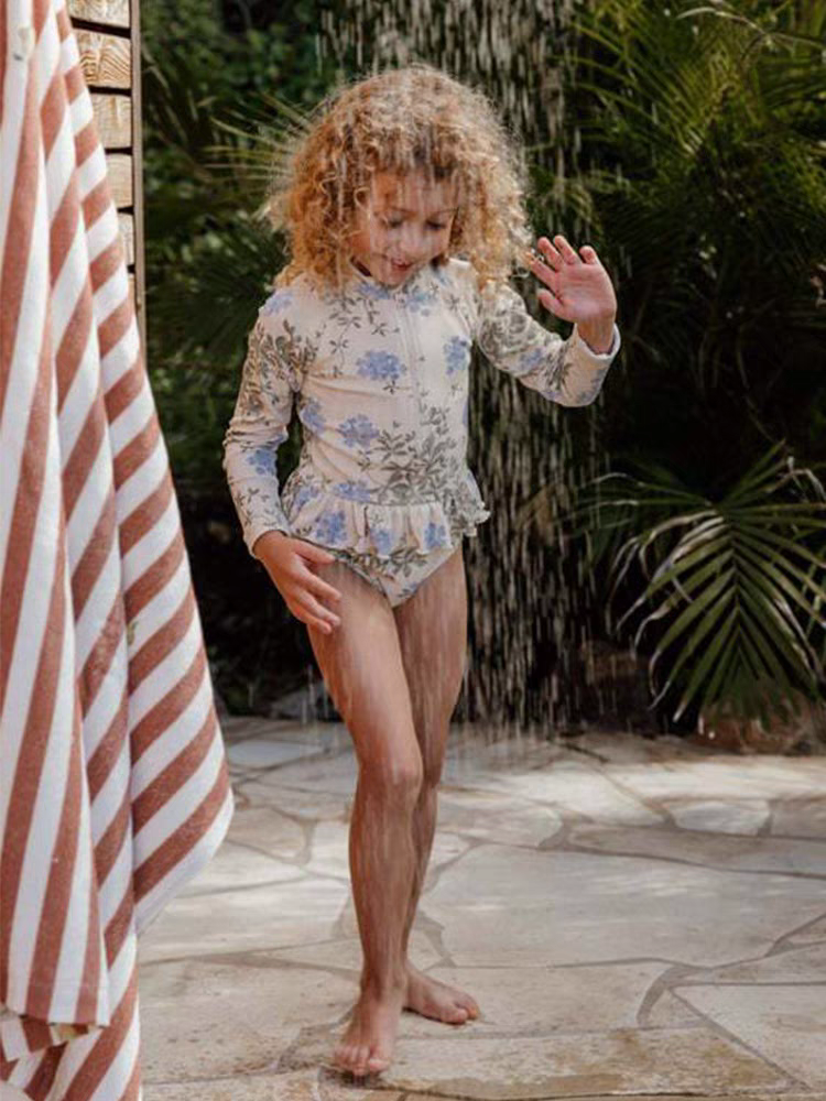 AMLLIVE儿童女童气质长袖印花连体泳衣前拉链防晒可爱中大童泳装