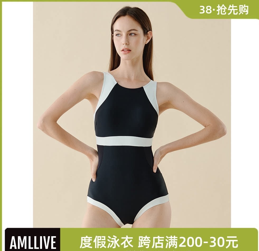AMLLIVE商场同款简约黑白拼接竞速连体泳衣女显瘦露背专业游泳衣