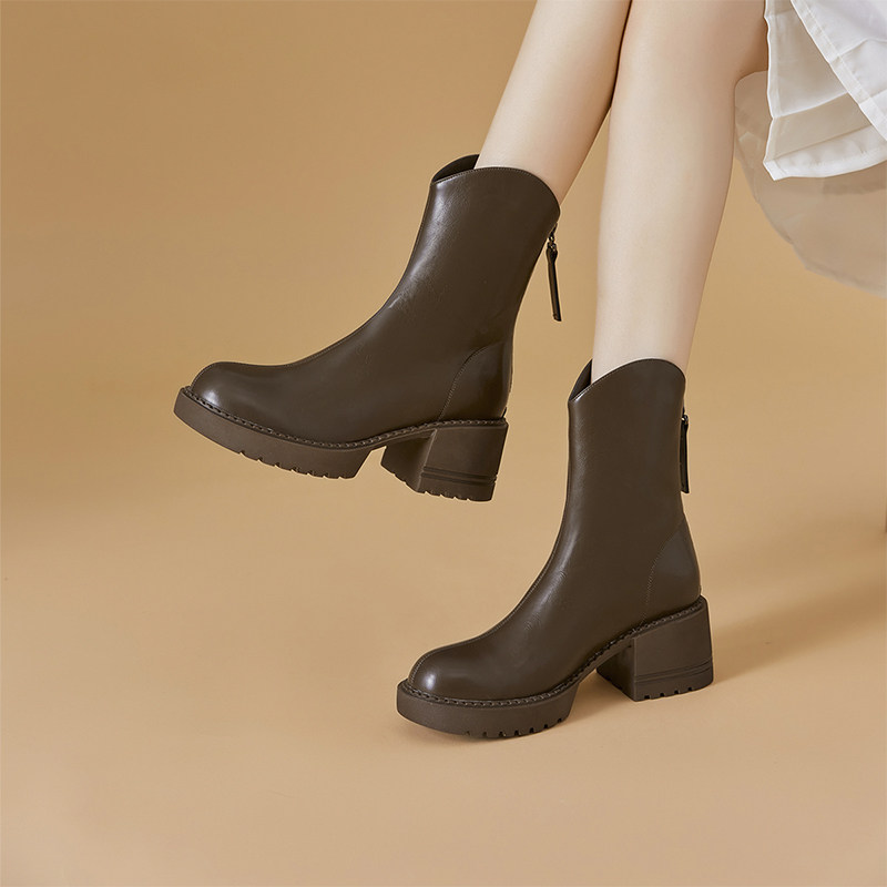 华耐增高厚底切尔西2023人气新款靴子女秋冬季圆头粗跟中筒靴女靴