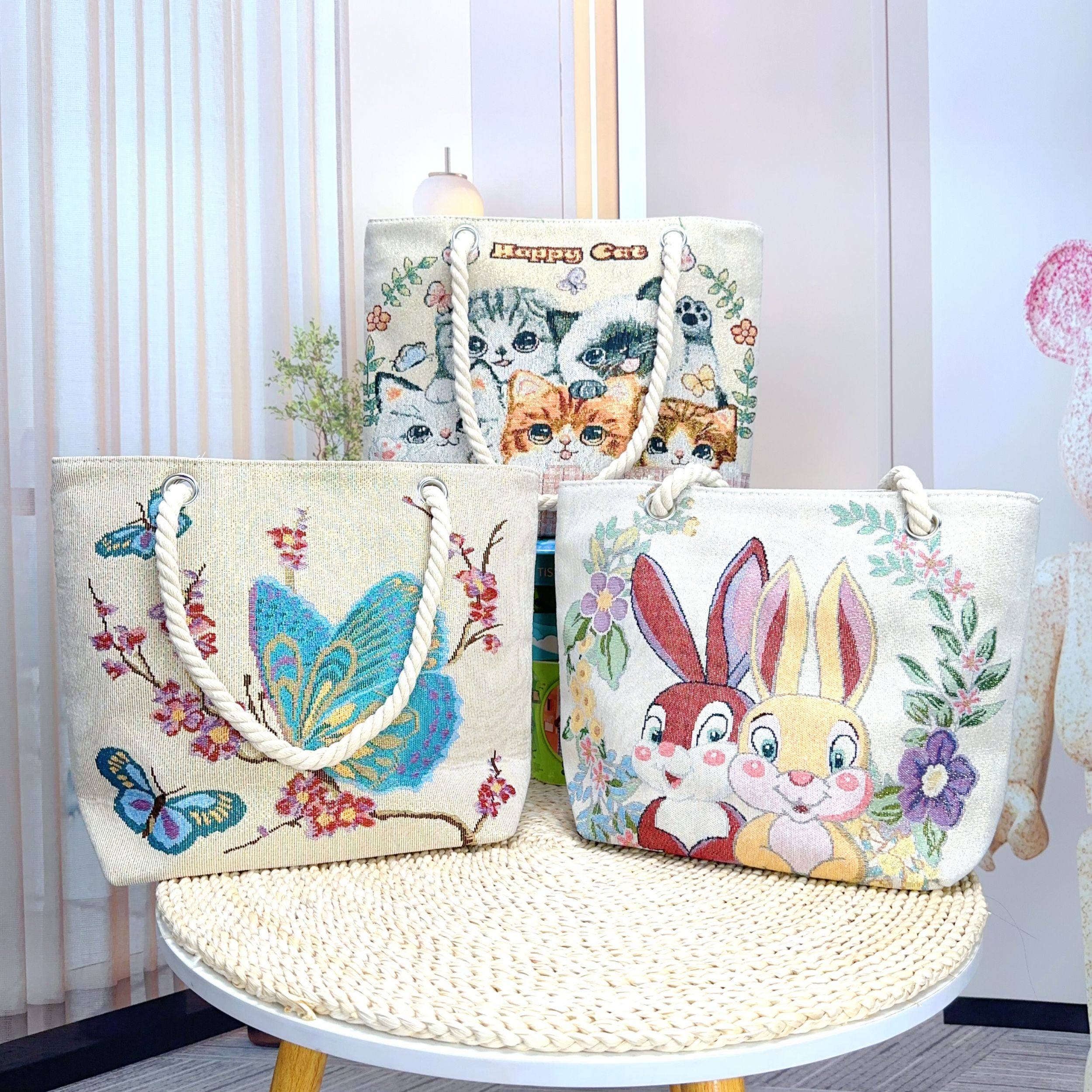 中包麻绳帆布包双面金丝提花刺绣单肩包上班通勤百搭包时尚妈咪包