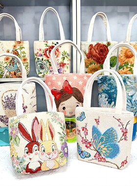 新款帆布包双面金丝提花绣手拎包迷你可爱手机包便携百搭手提小包