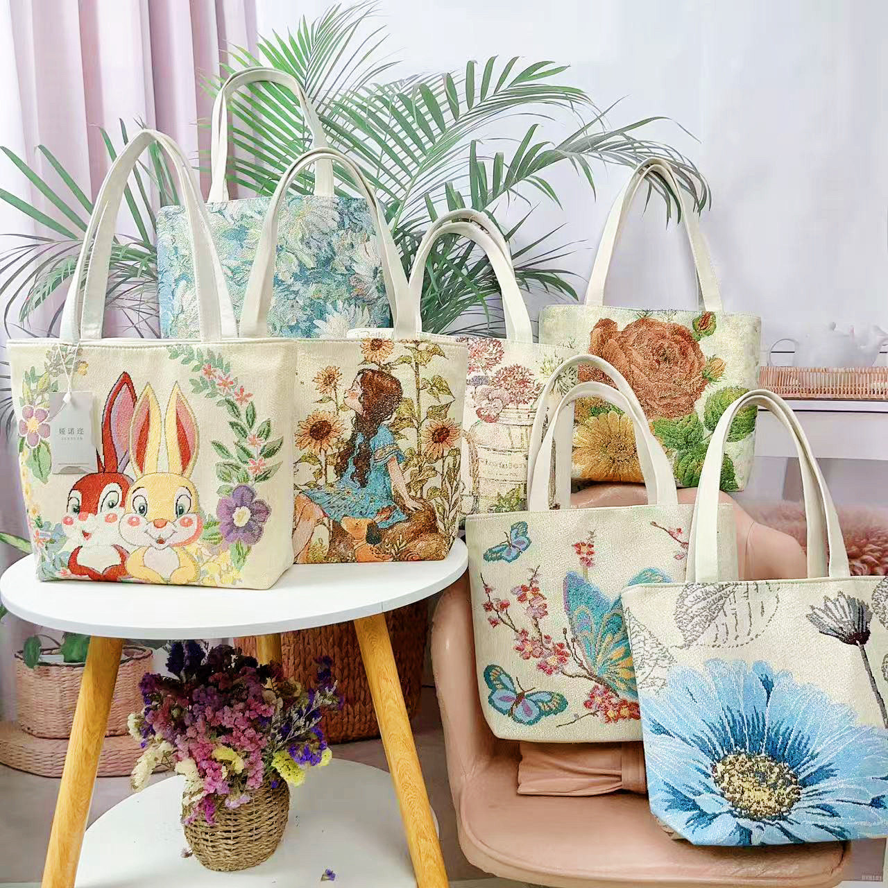 中号帆布包双面金丝提花刺绣单肩包时尚百搭补习包上班通勤包女包