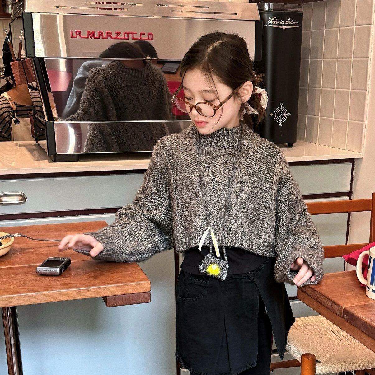 2026春秋新款复古立领麻花编织毛衣女灰色短款廓形针织衫保暖外套