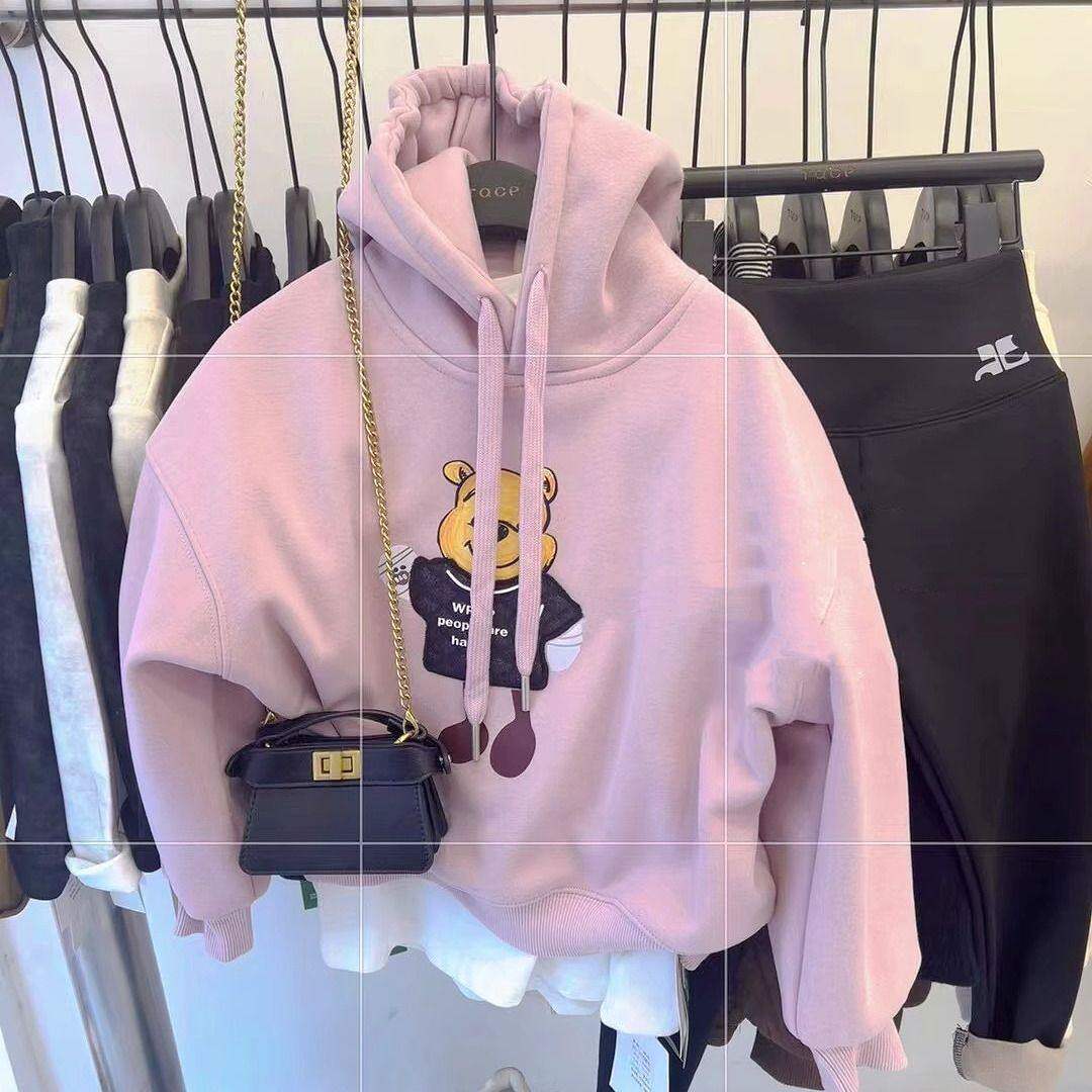 2026韩版小熊长袖连帽加绒卫衣女童秋冬宽松可爱卡通上衣打底衫潮