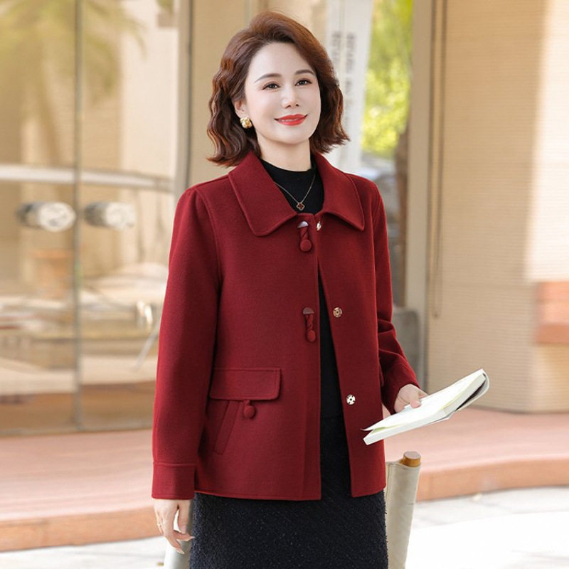 新中式妈妈秋装双面呢大衣女中年毛呢外套