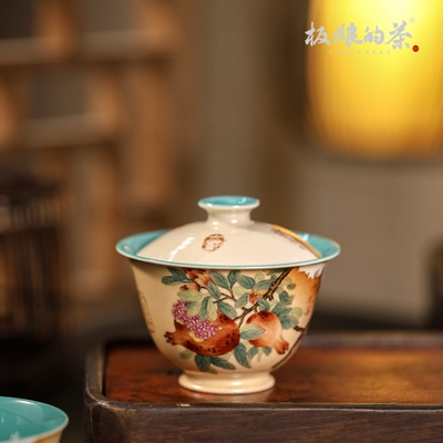 板娘的茶景德镇陶瓷雅圣宋风残卷石榴双雀图松石绿盖碗110ml茶具