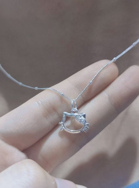 足银999纯银三丽鸥hellokitty猫头镂空凯蒂猫女银锁骨项链送女友