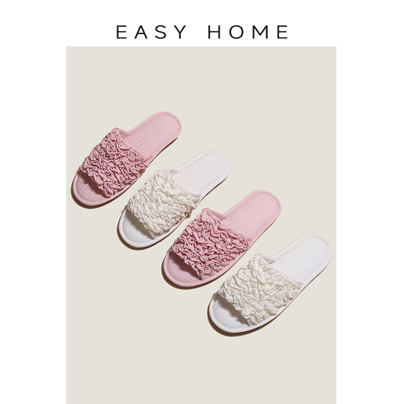 春秋日式家居拖鞋女软底防滑木地板静音无声秋冬日系家用褶皱棉拖