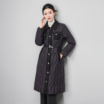 轻奢90白鹅绒修身显瘦腰带过膝长款羽绒服外套防风保暖女