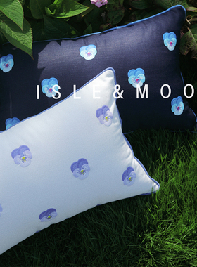 ISLE&MOON原创设计花朵刺绣抱枕靠垫 蓝色长方形纯棉客厅家居