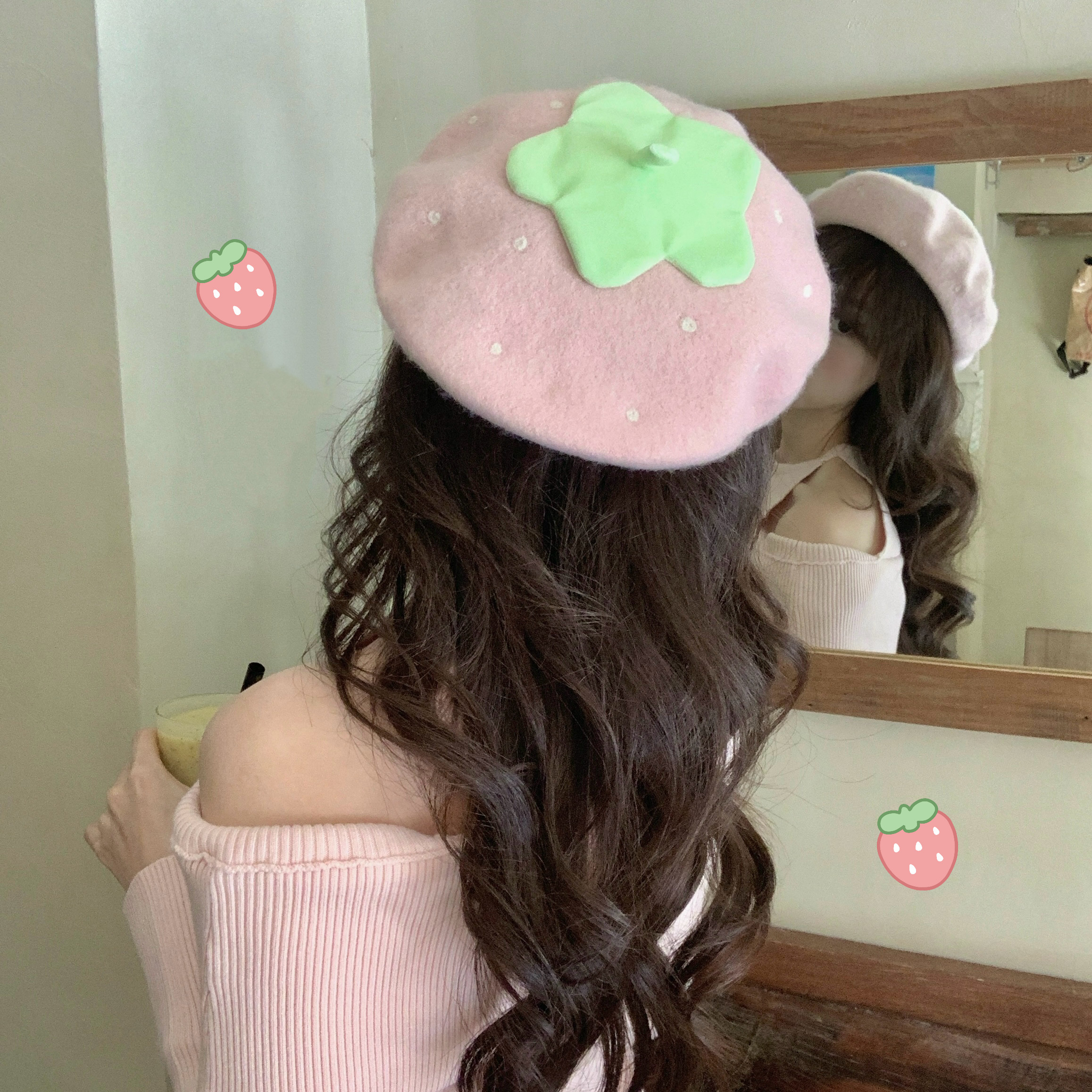 奈里奶油草莓羊毛贝雷帽显脸小