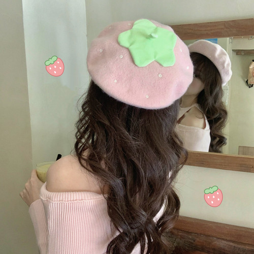 奈里奶油草莓羊毛贝雷帽显脸小