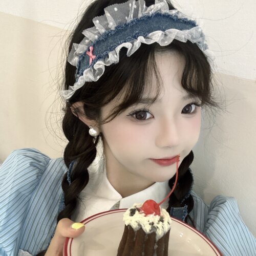 奈里nicein独立设计 夏日多巴胺 甜美蕾丝牛仔飘带可爱蝴蝶结发箍