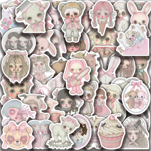 50张粉色诡异女孩贴纸涂鸦DIY手帐ipad手机电脑水杯装饰防水贴画