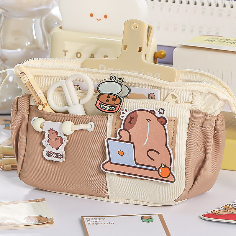 日系ins风多功能魔术贴卡皮巴拉笔袋可爱大容量小众多层文具袋