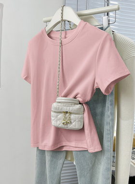 基础蓝色纯棉正肩宽松短袖t恤女夏季设计感小众体恤上衣2024新款