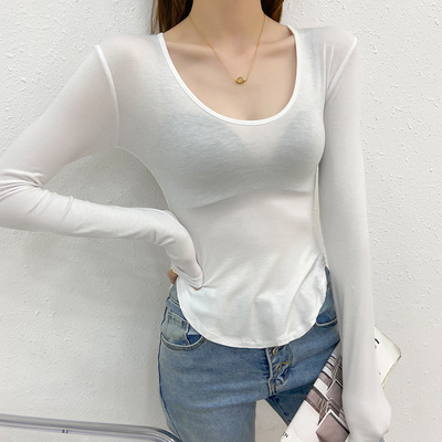 U领锁骨薄款打底衫韩系微透显瘦长袖秋季2024年网红炸街上衣t恤
