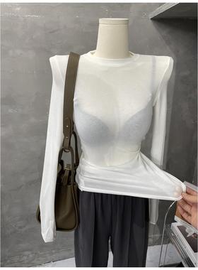 MISS WU 薄透圆领长袖T恤打底衫女性感显瘦黑色上衣早春2024