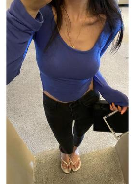 MISS WU纯欲垫肩T恤女秋季蓝色u领辣妹薄款透视紧身显瘦长袖短款