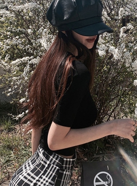 当天发 MISS WU 自留巨舒服XM326微透黑色短款修身t恤女