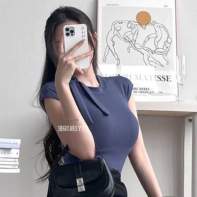 现货MISS WU LB657纯欲辣妹风~性感显身材飘带紧身短袖T恤gn