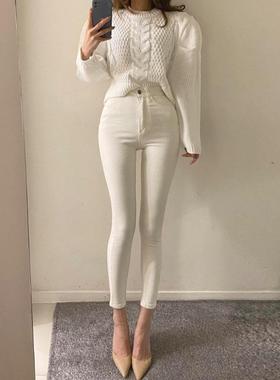 当天发 MISS WU QF785显腿长 乳白色舒适高腰翘臀显瘦小脚裤